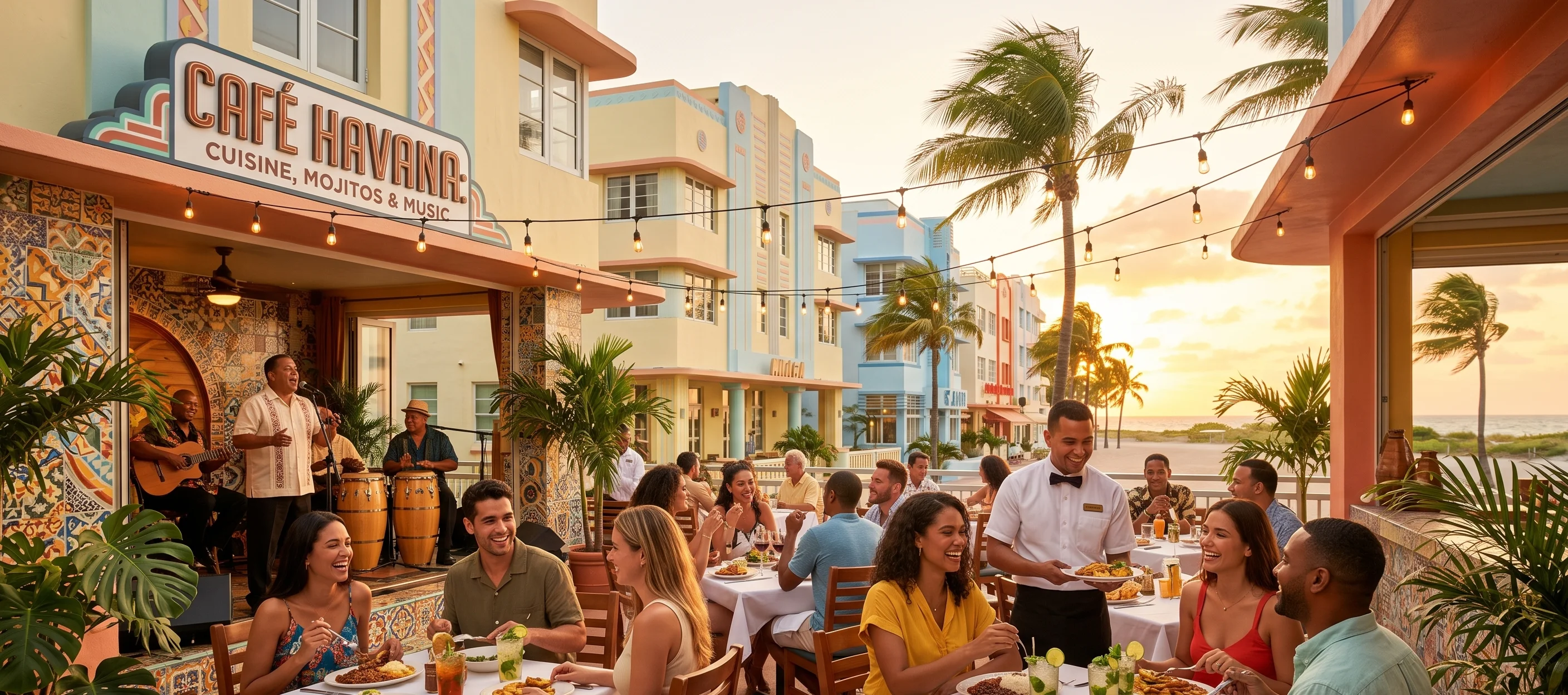 Restaurantes cubanos en Miami Beach: platos tradicionales de cocina cubana con ropa vieja, tostones y mojitos en South Beach, Florida