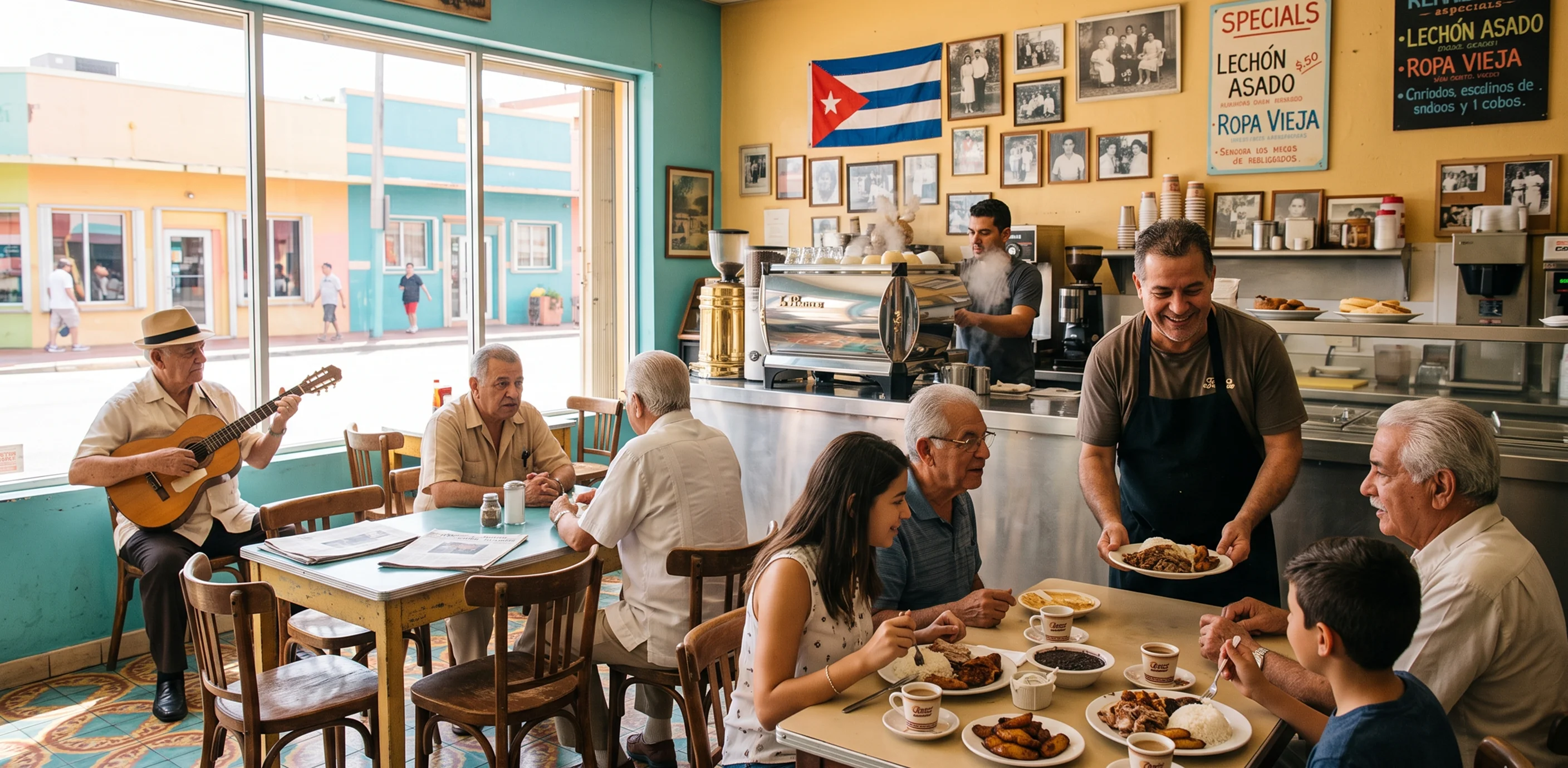 Terraza de restaurante en Miami con ambiente nocturno, mesas al aire libre y comensales disfrutando de la gastronomía local — contáctanos para colaborar