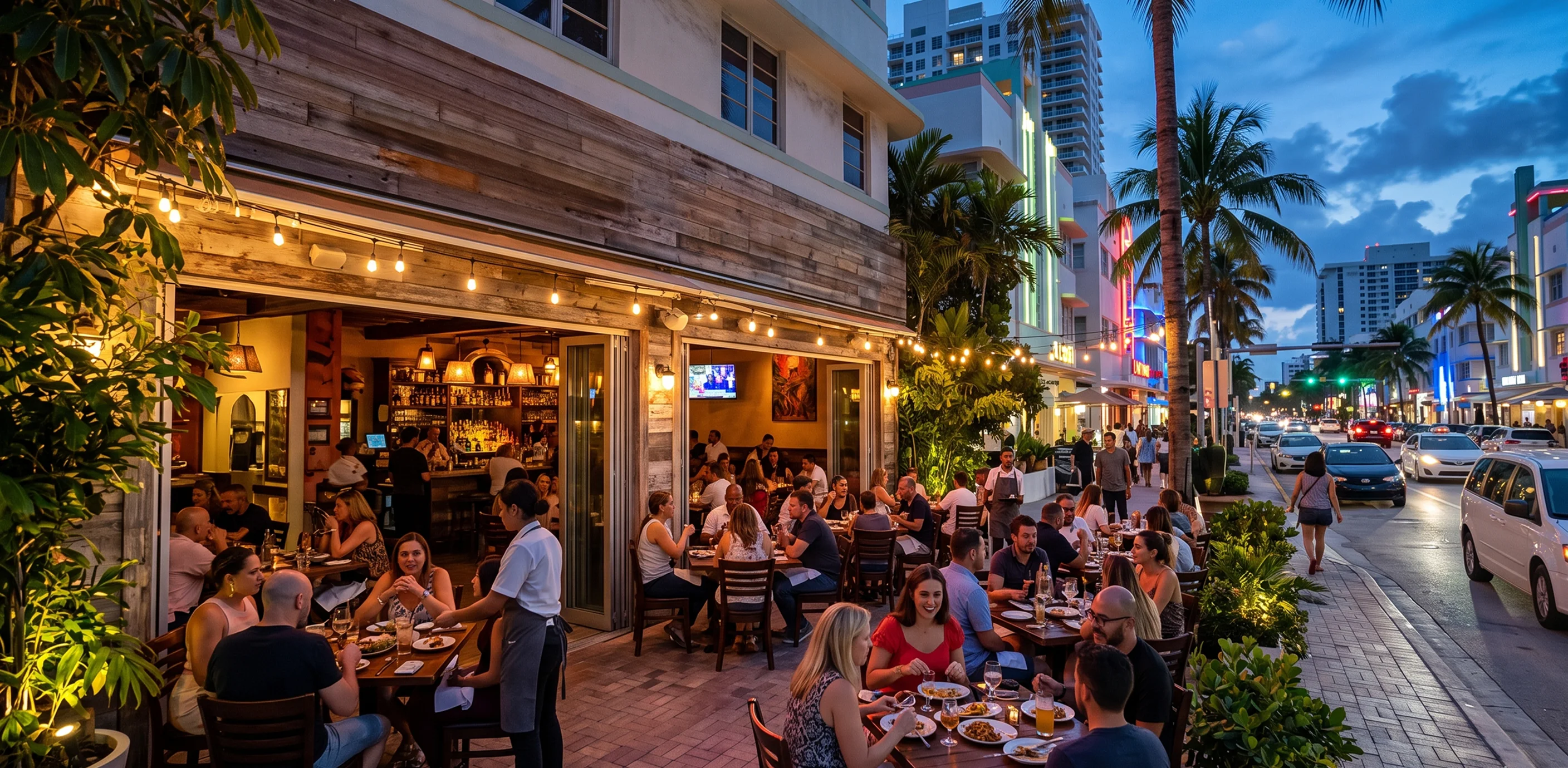 Mapa interactivo de restaurantes en Miami con vista aérea de barrios como Miami Beach, Brickell y Wynwood para encontrar dónde comer por zona y tipo de cocina