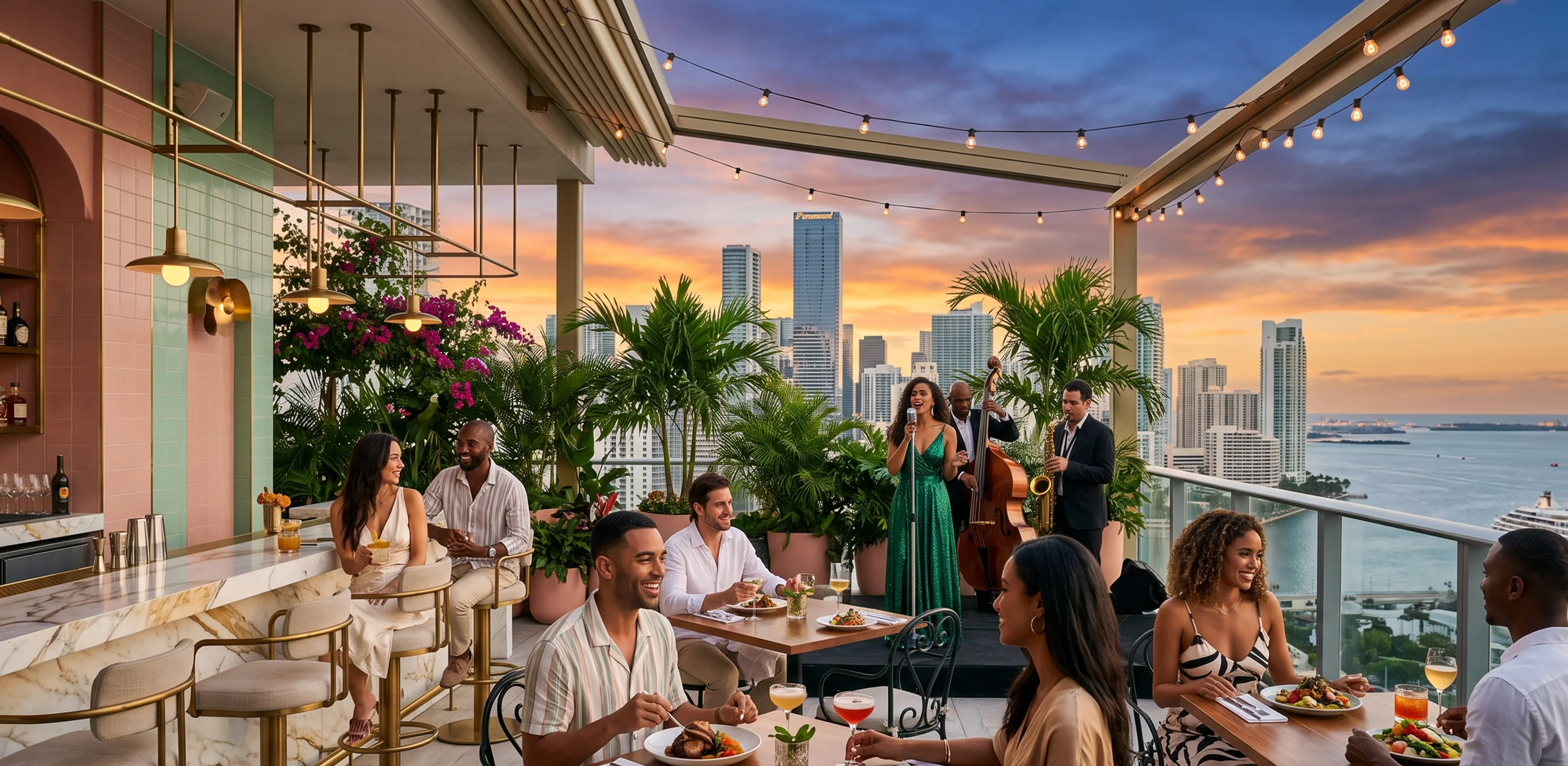 Comensales disfrutando de gastronomía latina en un restaurante de Miami — quiz gastronómico para descubrir dónde comer según ocasión, zona y presupuesto